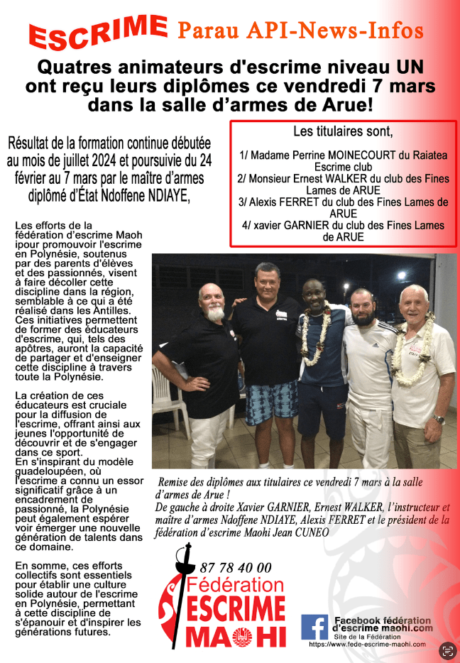 4 Animateurs d&rsquo;escrime Niveau 1 à&nbsp;Tahiti