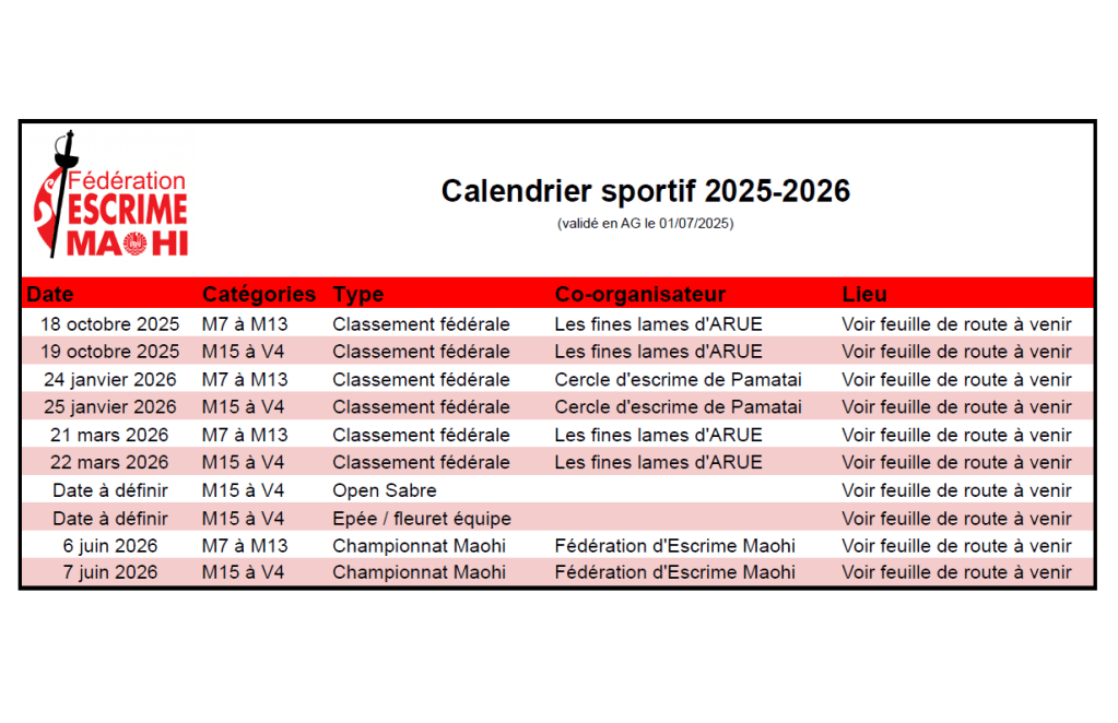 Calendrier Saison 2025 –&nbsp;2026